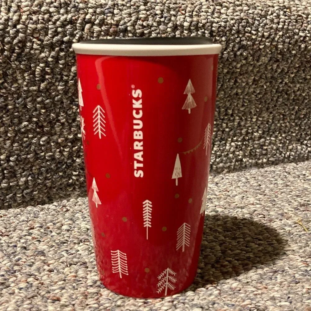 Starbucks 2018 Holiday Ceramic Travel Mug Winter Red Forest 12oz